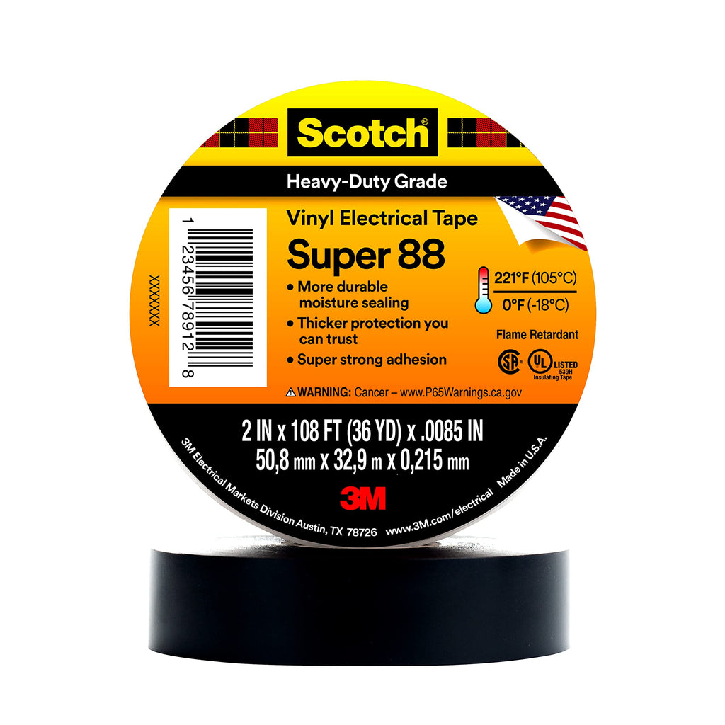 [Australia - AusPower] - Scotch Vinyl Electrical Tape Super 88, 2 in x 36 yd, Black, 1 Roll, Premium Grade, Rubber Resin Adhesive, PVC Backing, All-Season Heavy Duty Electric Tape 
