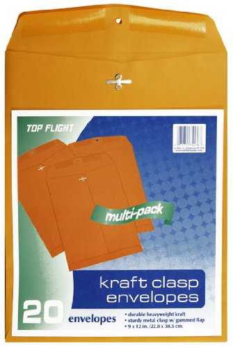 [Australia - AusPower] - Top Flight Clasp Envelopes, Gummed and Clasped Closure, 9 x 12 Inches, Brown Kraft, 20 Envelopes per Pack (6911117) 