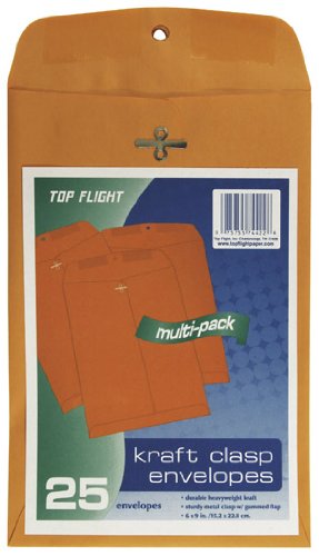 [Australia - AusPower] - Top Flight Clasp Envelopes, Gummed and Clasped Closure, 6 x 9 Inches, Brown Kraft, 25 Envelopes per Pack (6911114) 