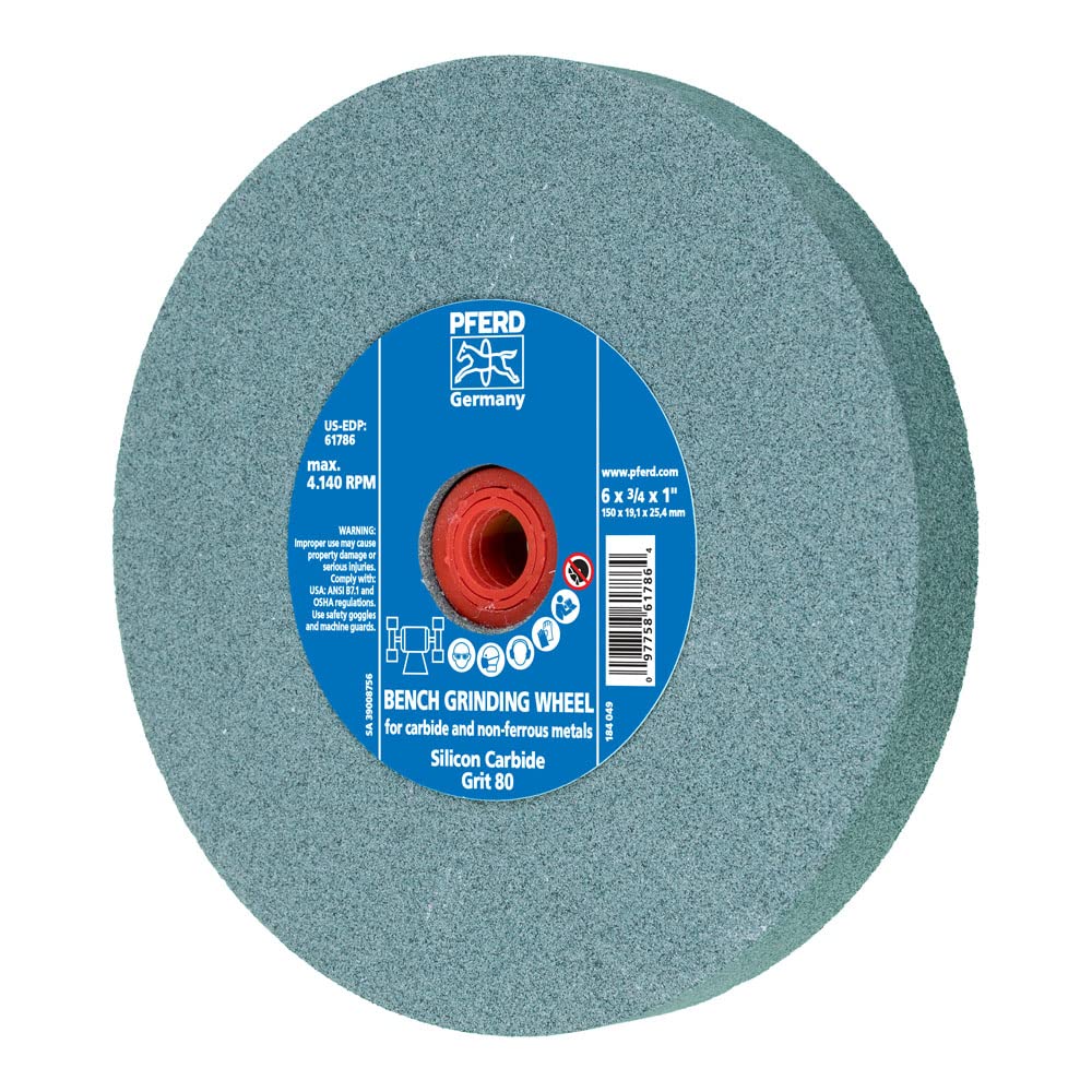 [Australia - AusPower] - PFERD Bench Grinding Wheel Carbide Type | 6x3/4x1 inch, vitrified Bond, Silicon Carbide, grit Size 80 | 61786 - for use on Hard Materials, Included bushings 3/4, 5/8, 1/2 inch 