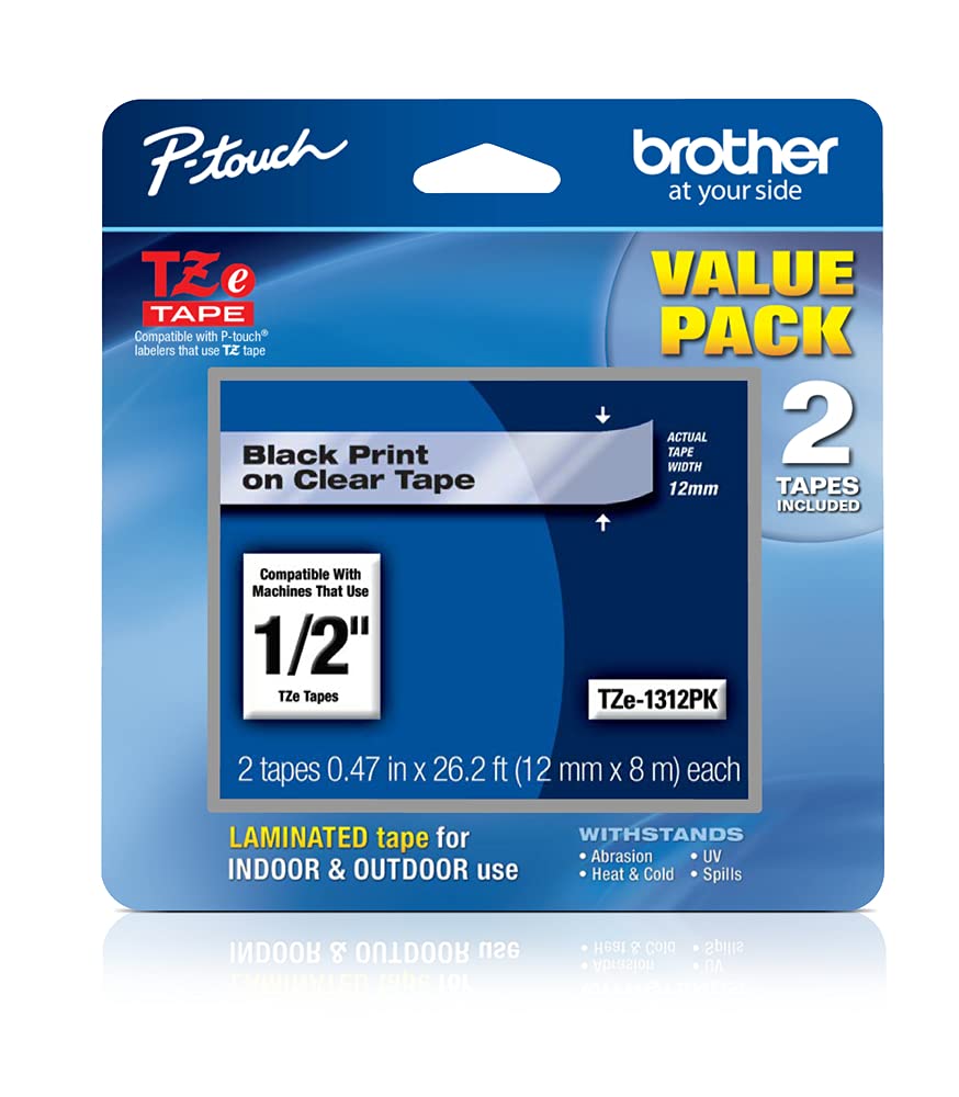 [Australia - AusPower] - Brother Genuine P-touch TZE-1312PK Tape, 1/2" (0.47") Standard Laminated P-touch Tape, Black on Clear, Perfect for Indoor or Outdoor Use, Water Resistant, 26.2 Feet (8M) each, Two-Pack 