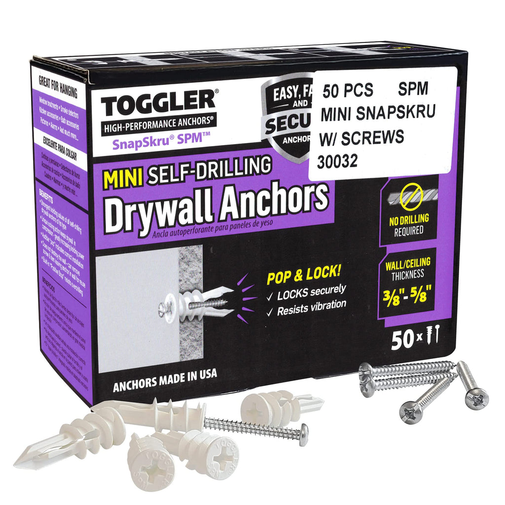 [Australia - AusPower] - TOGGLER SnapSkru SPM Mini Self-Drilling Drywall Anchor with Screws, Glass-Filled Nylon, Made in US, For #6 to #8 Fastener Sizes (Pack of 50) 
