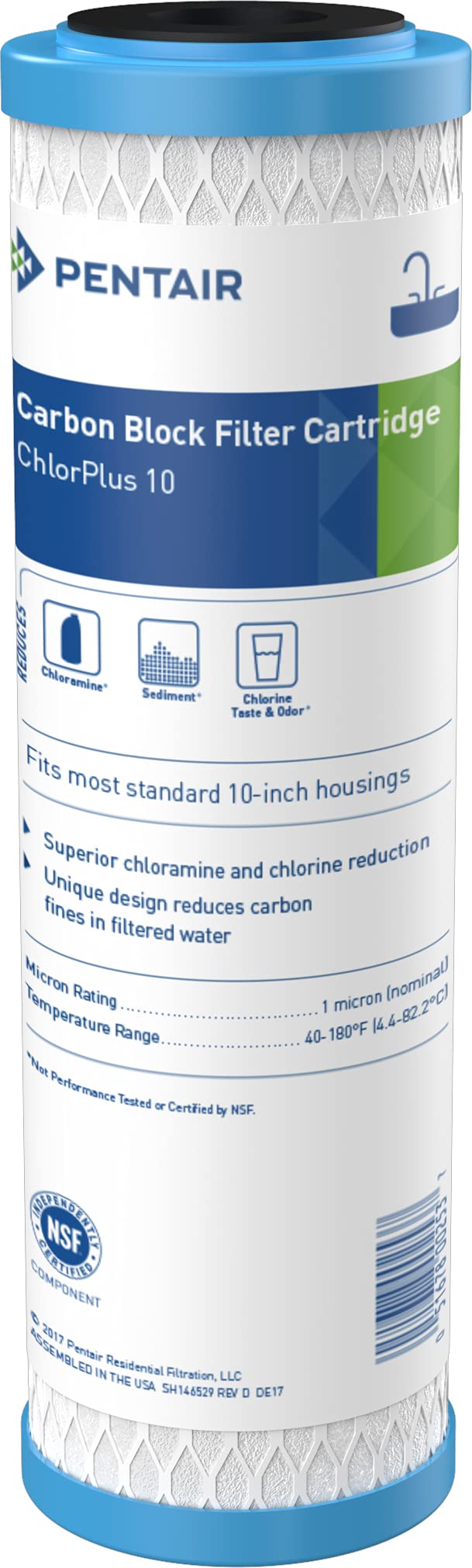 [Australia - AusPower] - Pentair Pentek ChlorPlus10 Carbon Water Filter, 10-Inch, Under Sink Chloramine Reduction Carbon Replacement Cartridge, 10" x 2.5", 1 Micron 10" x 2.5" 