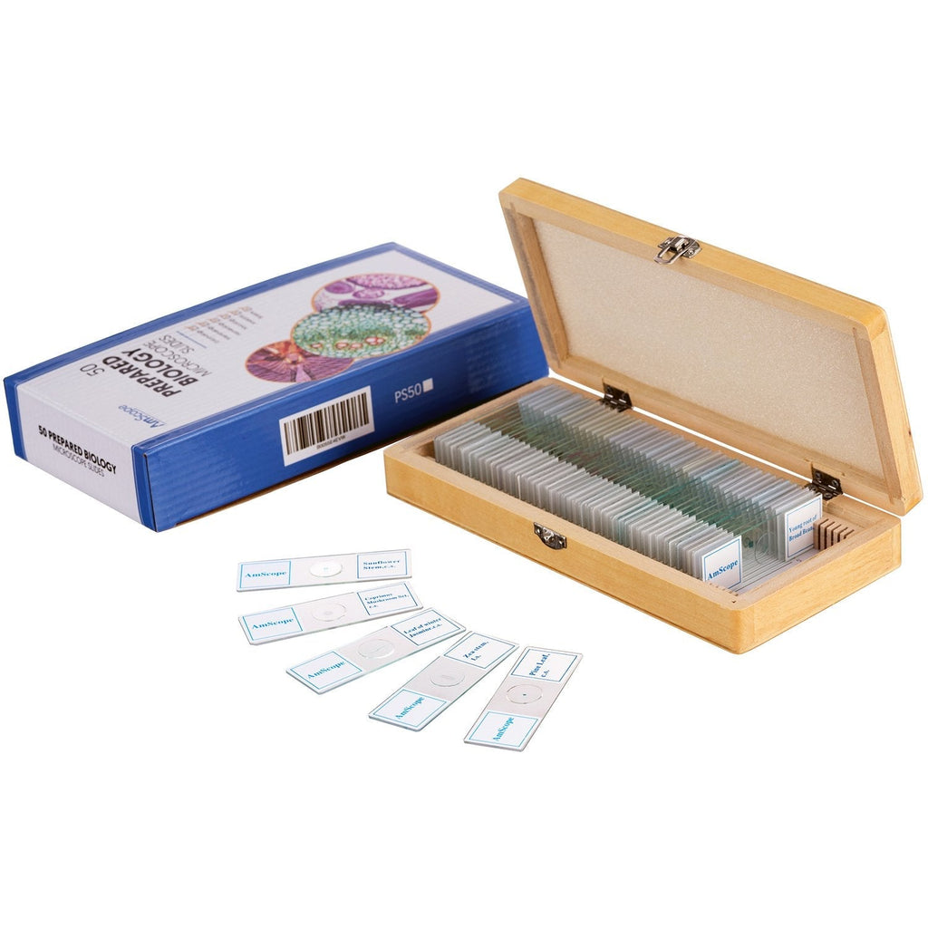 [Australia - AusPower] - AmScope PS50 Prepared Microscope Slide Set for Basic Biological Science Education, 50 Slides, Includes Fitted Wooden Case 