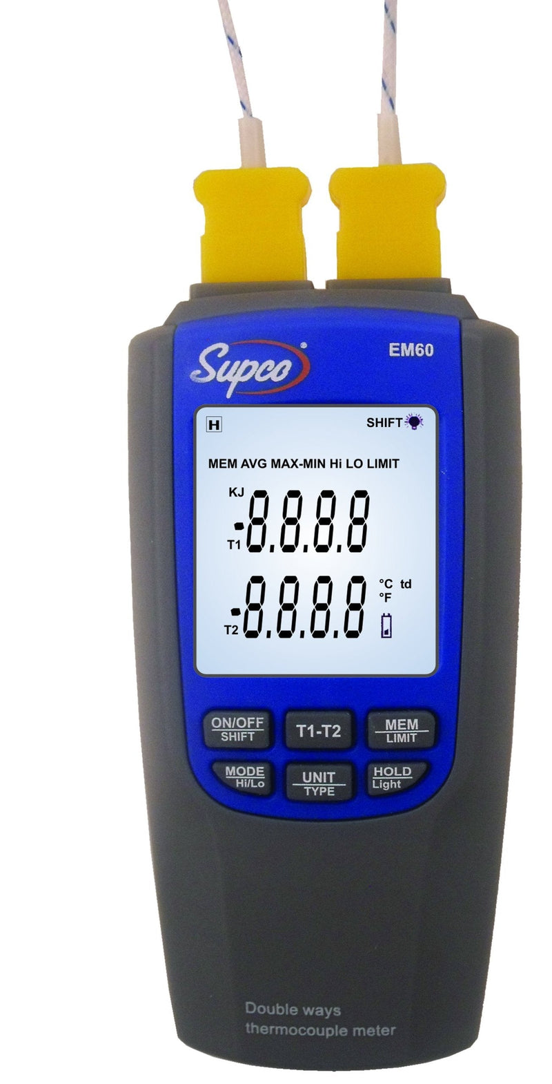 [Australia - AusPower] - Supco EM60 Dual-Channel Differential Digital Thermocouple Thermometer with Probes, -200 to 1300 Degrees C, -328 to 2372 Degrees F, Accuracy of + or - 0.1% of reading + 0.7 Degree C 
