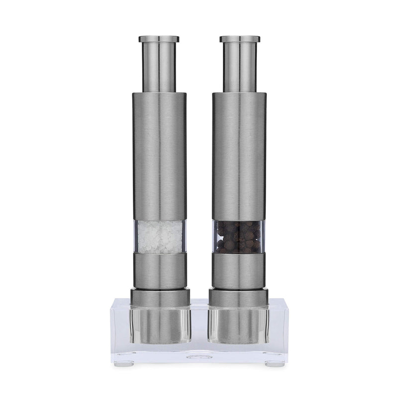 [Australia - AusPower] - Grind Gourmet Salt and Pepper Grinder Set, Original Pump & Grind Peppermill are Refillable, Modern Thumb Press Grinder, Comes with Black Pepper, Sea Salt and Stand, Works With Himalayan Salts 316 Stainless Steel 