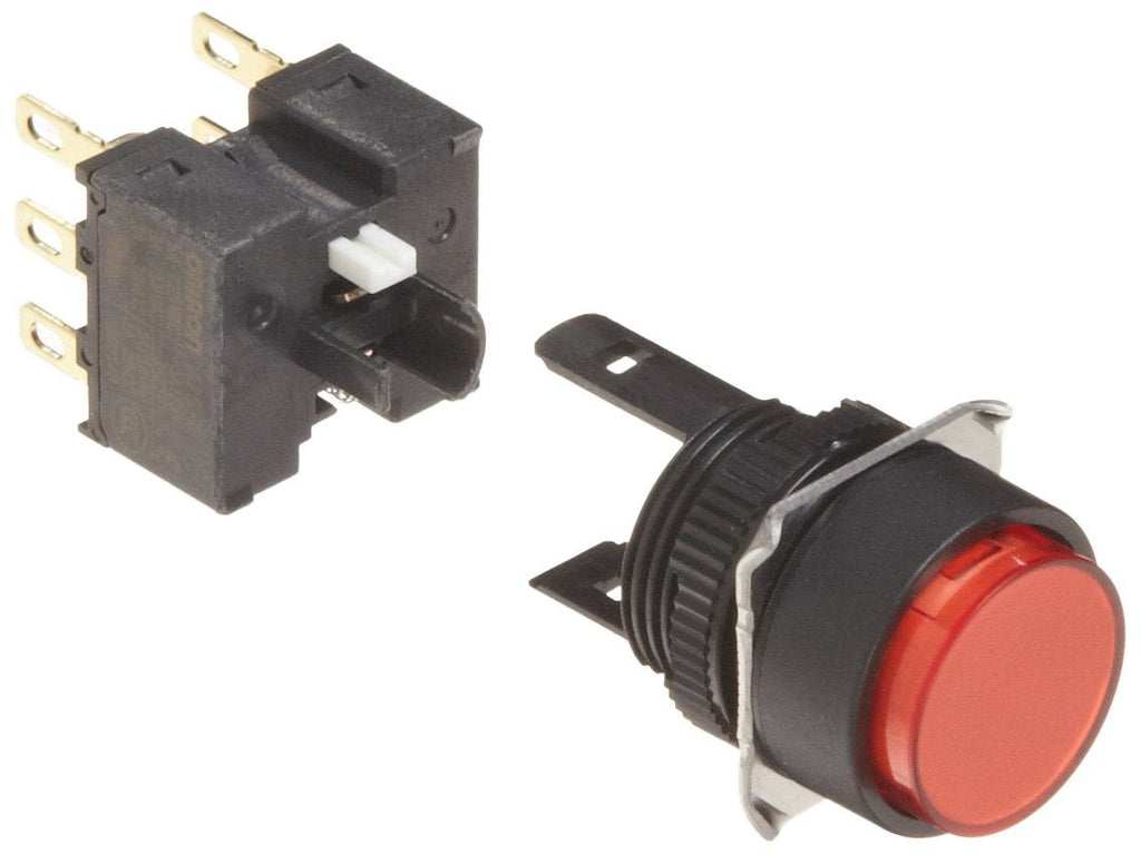 [Australia - AusPower] - Omron A165-TRA-2S Projection Type Pushbutton and Switch, Screwless Clamp Terminal, IP65 Oil-Resistant, 16mm Mounting Aperture, Non-Lighted, Alternate Operation, Round, Red, Double Pole Double Throw Contacts 