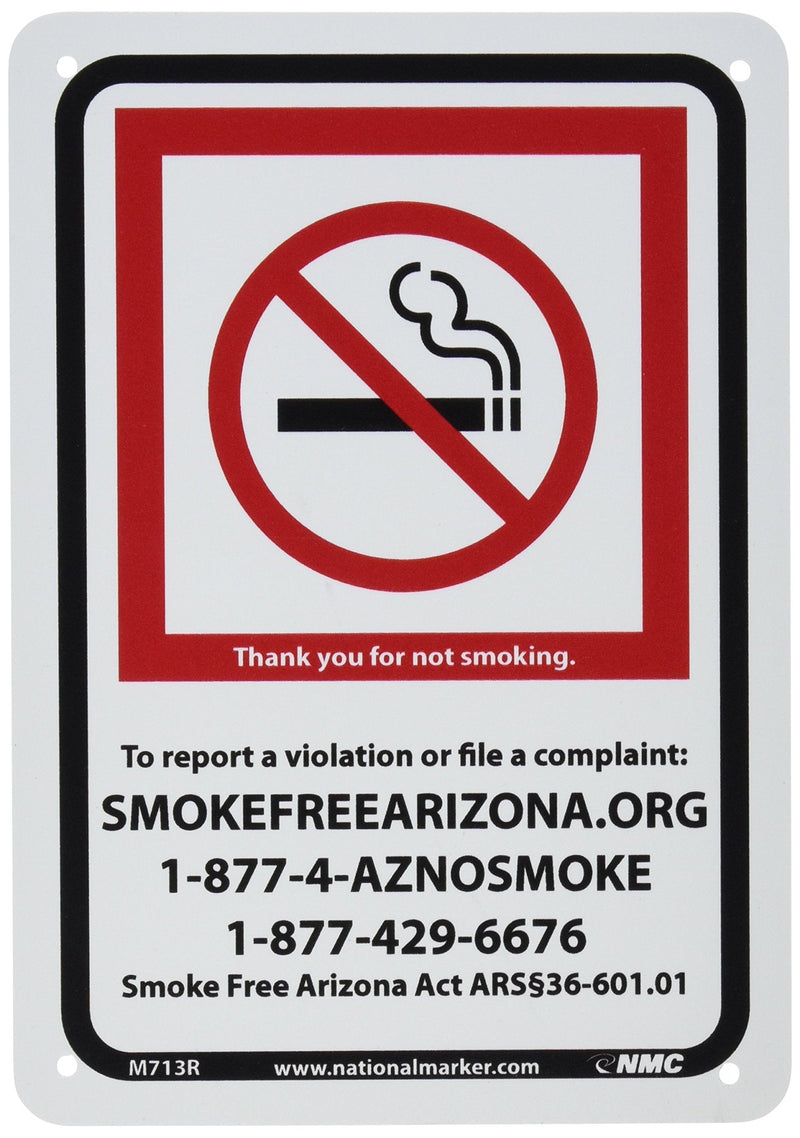 [Australia - AusPower] - NMC M713R Arizona No Smoking Sign with Graphic, 10" Length x 7" Height, Aluminum 0.40, Red/Black on White RIGID PLASTIC .050 7 x 10 