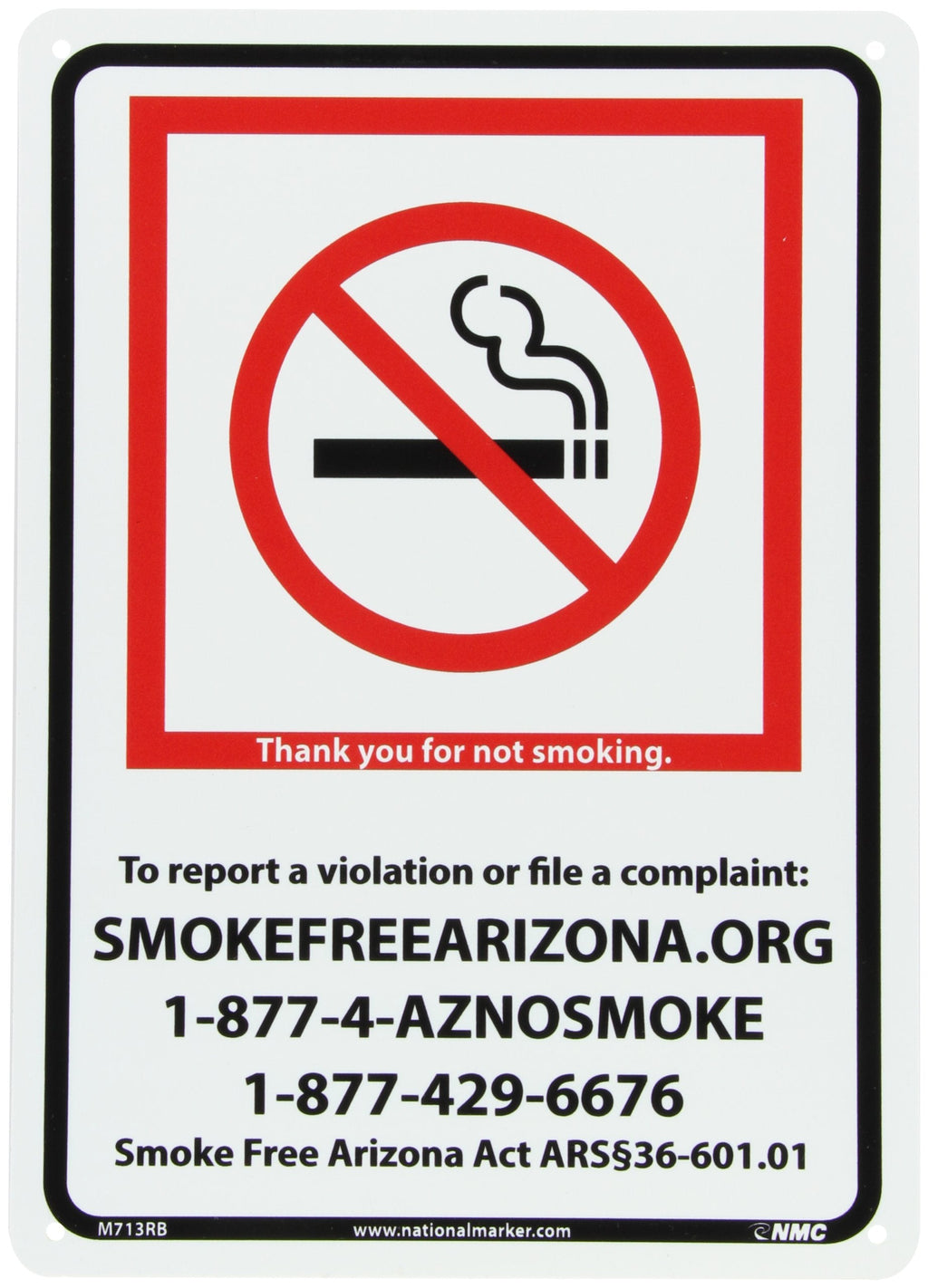 [Australia - AusPower] - NMC M713RB Arizona No Smoking Sign with Graphic, 14" Length x 10" Height, Rigid Polystyrene Plastic, Red/Black on White 