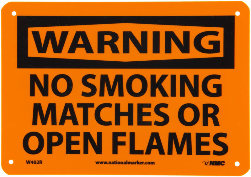 [Australia - AusPower] - NMC W402R WARNING - NO SMOKING, MATCHES OR OPEN FLAMES Sign - 10 in. x 7 in. Rigid Plastic Warning Sign with Black on Orange 