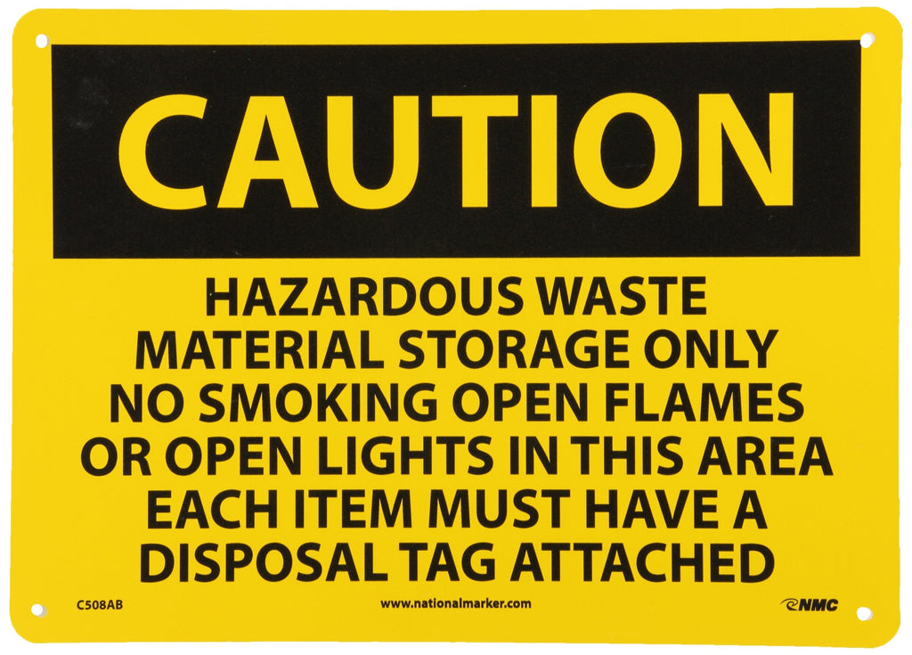 [Australia - AusPower] - NMC C508AB OSHA Sign, Legend "CAUTION - HAZARDOUS WASTE MATERIAL STORAGE ONLY NO SMOKING OPEN FLAMES OR OPEN LIGHTS IN THIS AREA...", 14" Length x 10" Height, Aluminum, Black on Yellow ALUMINUM .040 10 x 14 