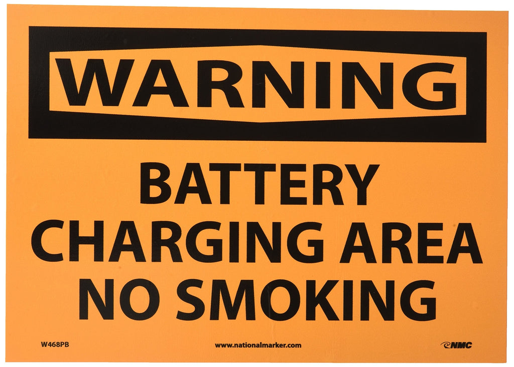 [Australia - AusPower] - NMC W468PB OSHA Sign, Legend "WARNING - BATTERY CHARGING AREA NO SMOKING", 14" Length x 10" Height, Pressure Sensitive Vinyl, Black on Orange 