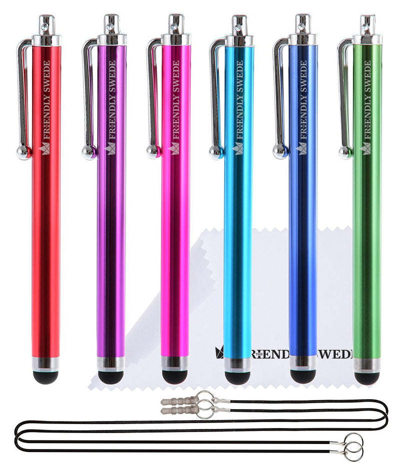 [Australia - AusPower] - Capacitive Touch Screen Stylus Pens 4.5", 6-Pack - Including 2 x 15 Lanyards and Screen Cleaning Cloth by The Friendly Swede (Red, Purple, Pink, Light Blue, Dark Blue, Green) Red, Purple, Pink, Light Blue, Dark Blue, Green 