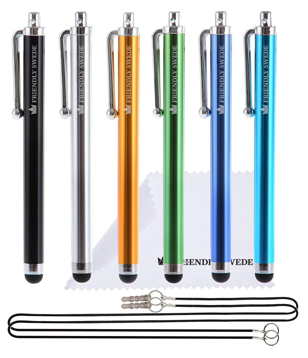 [Australia - AusPower] - Capacitive Touch Screen Stylus Pens 4.5", 6-Pack - Including 2 x 15 Lanyards and Screen Cleaning Cloth by The Friendly Swede (Black, Gold, Silver, Blue, Sea Blue, Green) Black, Gold, Silver, Blue, Sea Blue, Green 
