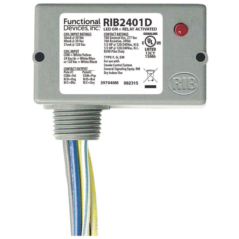 [Australia - AusPower] - Functional Devices RIB2401D Pilot Relay, 10 Amp DPDT, 24 Vac/dc/120 Vac Coil, NEMA 1 Housing 