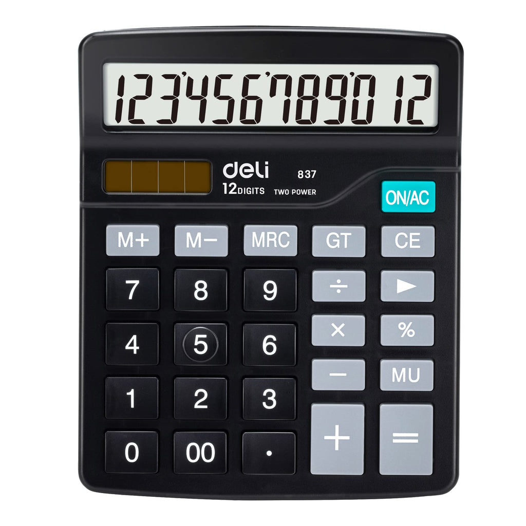 [Australia - AusPower] - Calculator, Deli Standard Function Desktop Calculators with 12 Digit Large LCD Display and Sensitive Button, Solar Battery Dual Power Office Calculator, Black 