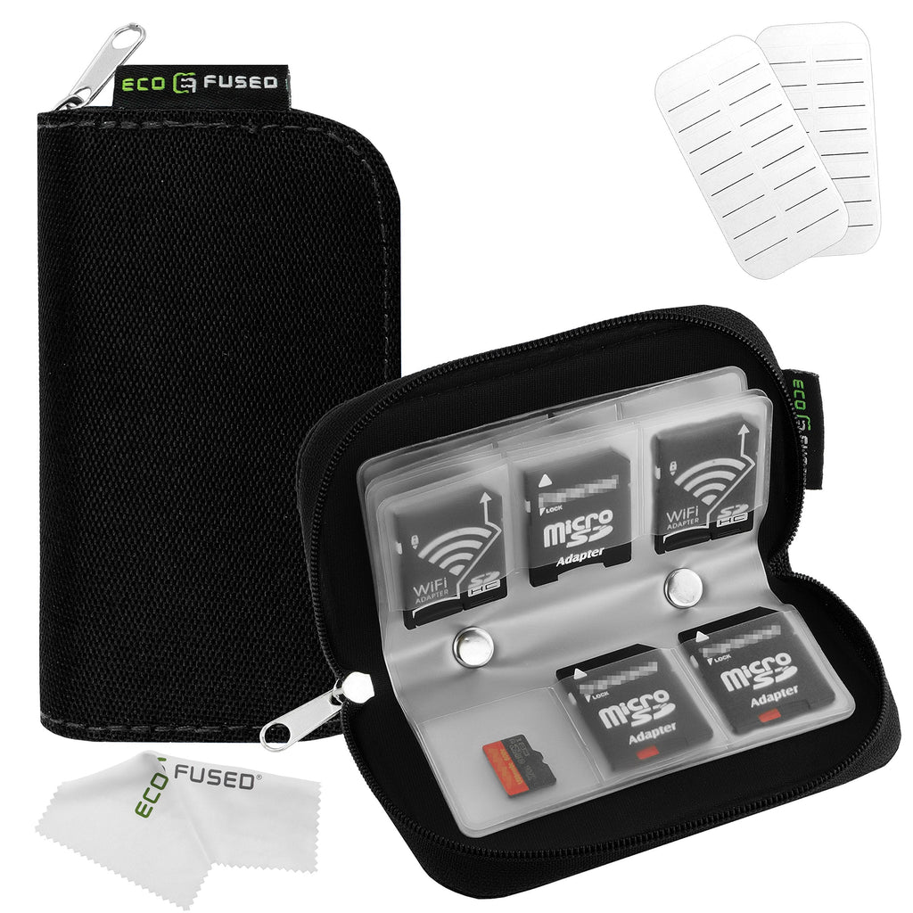 [Australia - AusPower] - Eco-Fused Memory Card Case - Fits up to 22x SD, SDHC, Micro SD, Mini SD and 4X CF - Holder with 22 Slots - Microfiber Cleaning Cloth Included Black 