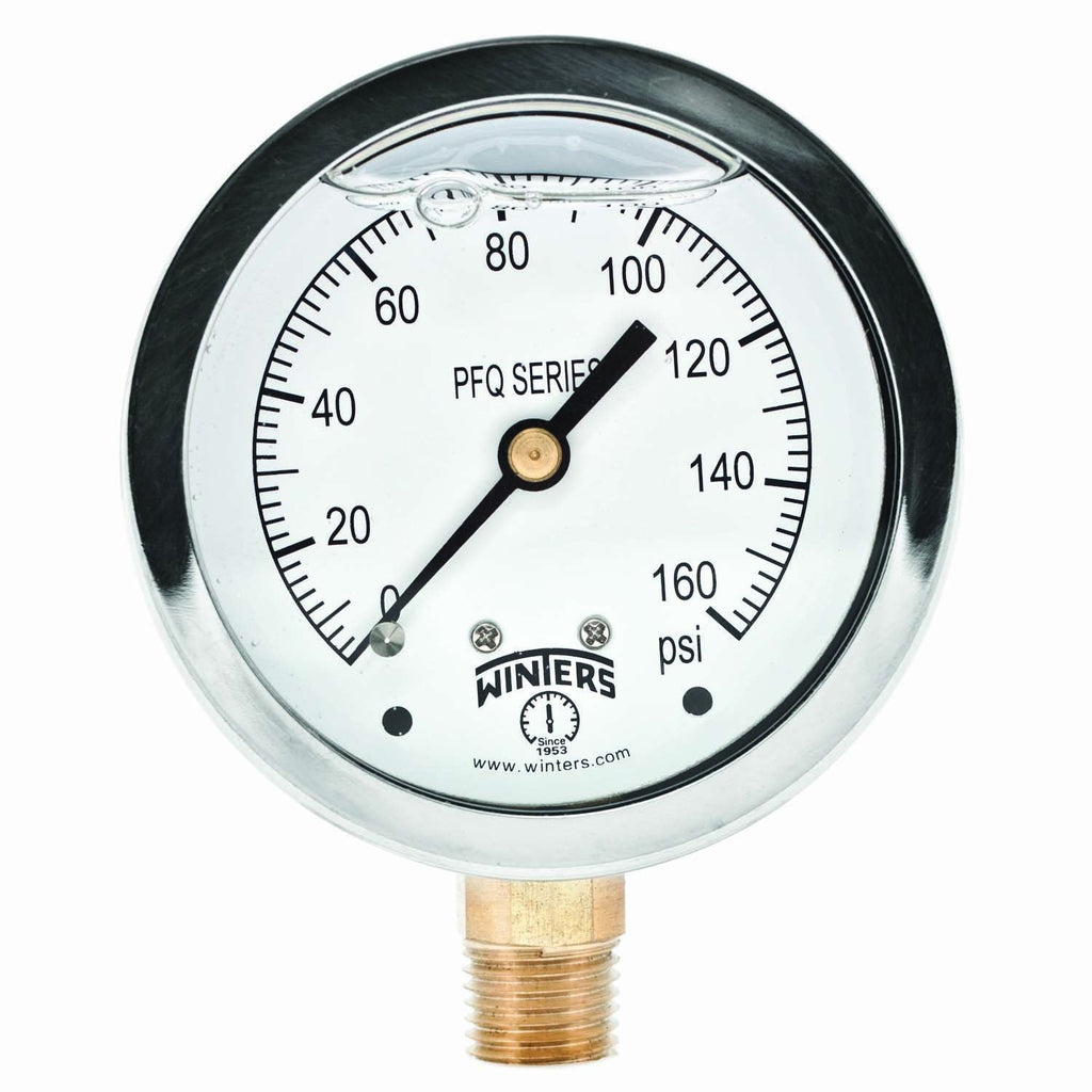 [Australia - AusPower] - Winters PFQ Series Stainless Steel 304 Single Scale Liquid Filled Pressure Gauge with Brass Internals, 0-160 psi, 2-1/2" Dial Display, +/-1.5% Accuracy, 1/4" NPT Bottom Mount 
