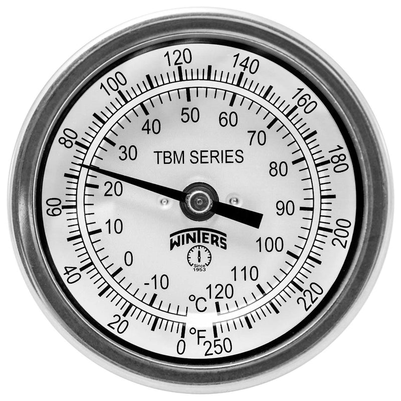 [Australia - AusPower] - Winters TBM Series Stainless Steel 304 Dual Scale Bi-Metal Thermometer, 2-1/2" Stem, 1/2" NPT Fixed Center Back Mount Connection, 3" Dial, 0-250 F/C Range 