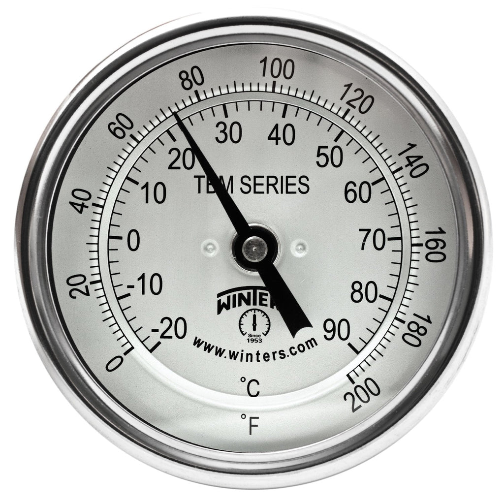 [Australia - AusPower] - Winters TBM Series Stainless Steel 304 Dual Scale Bi-Metal Thermometer, 6" Stem, 1/2" NPT Fixed Center Back Mount Connection, 3" Dial, 0-200 F/C Range Fixed centre back 
