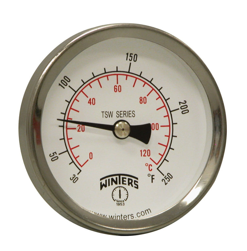 [Australia - AusPower] - Winters TSW Series Aluminum Dual Scale Hot Water Thermometer, Dial Type, 2-1/2" Dial, 1/2" NPT Center Back Mount, 30-250 F/C Range 