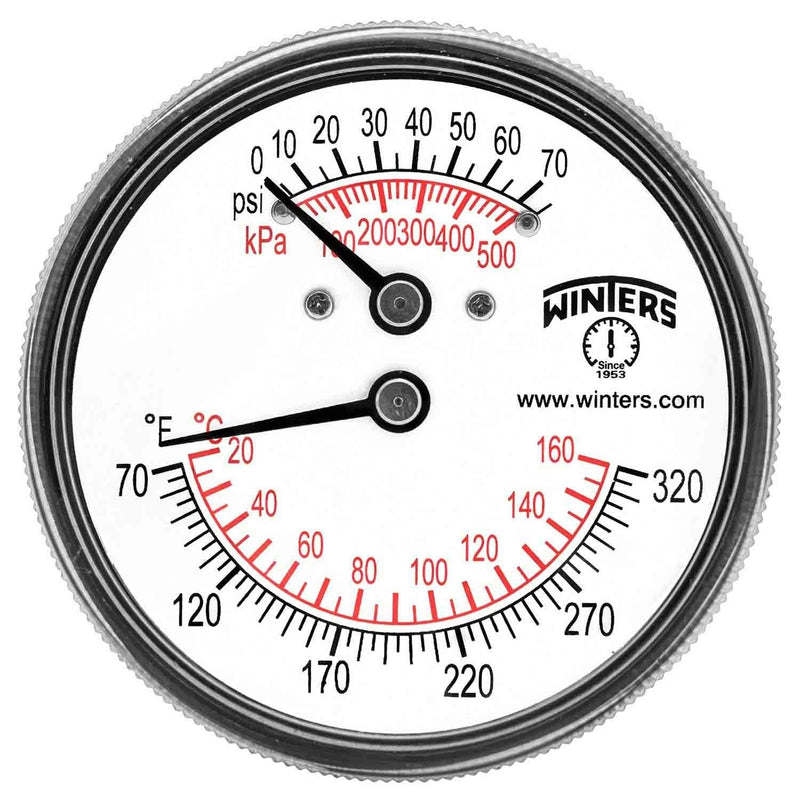 [Australia - AusPower] - Winters TTD Series Steel Dual Scale Tridicator Thermometer with 2" Stem, 0-75psi/kpa, 2-1/2" Dial Display, ±3-2-3% Accuracy, 1/4" NPT Extension Back, 70-320 Deg F/C 