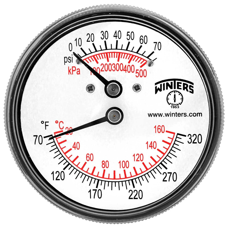 [Australia - AusPower] - Winters TTD Series Steel Dual Scale Tridicator Thermometer with 2" Stem, 0-75psi/kpa, 2-1/2" Dial Display, ±3-2-3% Accuracy, 1/4" NPT Back Mount, 70-320 Deg F/C 