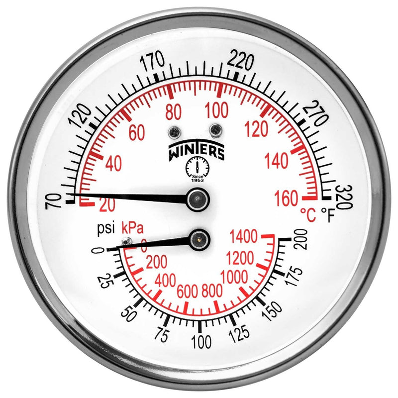 [Australia - AusPower] - Winters TTD Series Steel Dual Scale Tridicator Thermometer with 2" Stem, 0-200psi/kpa, 3" Dial Display, ±3-2-3% Accuracy, 1/2" NPT Back Mount, 70-320 Deg F/C 