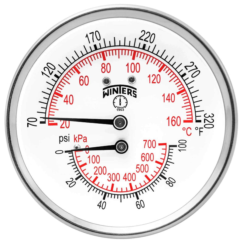 [Australia - AusPower] - Winters TTD Series Steel Dual Scale Tridicator Thermometer with 2" Stem, 0-100psi/kpa, 3" Dial Display, ±3-2-3% Accuracy, 1/2" NPT Back Mount, 70-320 Deg F/C 