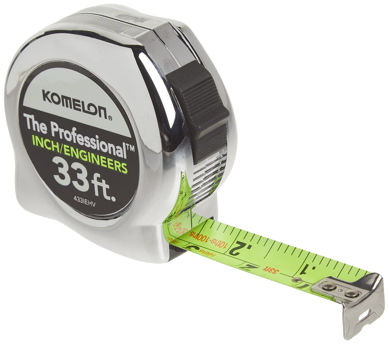 [Australia - AusPower] - Komelon 433IEHV High-Visibility Professional Tape Measure both Inch and Engineer Scale Printed 33-feet by 1-Inch, Chrome 