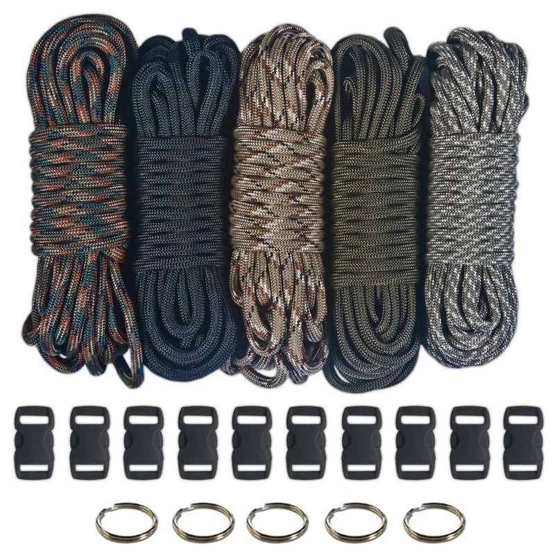 [Australia - AusPower] - Paracord 550 Kit - Five Colors (Olive Drab, ACU, Woodland Camo, Desert Camo, & Black) 100 Feet Total w/10 3/8" Black Side Release Buckles & (5) 32mm Key Rings 