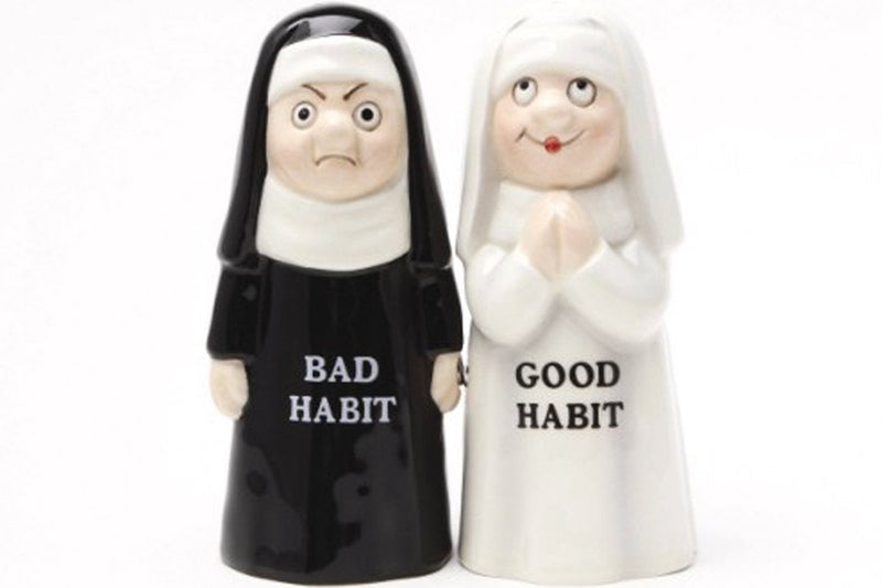 [Australia - AusPower] - Religious Gifts Good Habit Bad Habit Nuns Ceramic Magnetic Salt and Pepper Shaker Set 