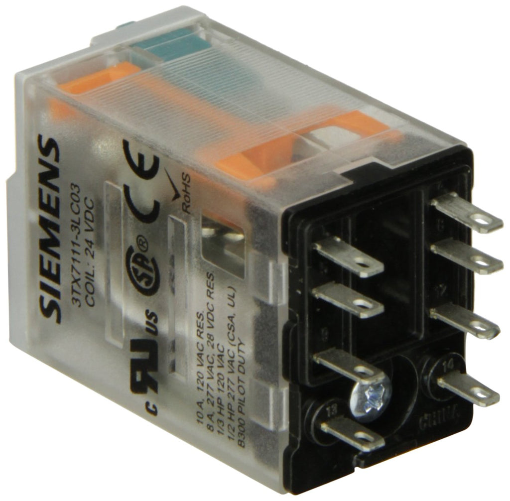 [Australia - AusPower] - Siemens 3TX7111-3LC03 Premium Plug In Relay, Square Base, Narrow, Mechanical Flag, Push To Test, Lock Down Door, LED, DPDT Contacts, 10A Contact Rating, 24VDC Coil Voltage 