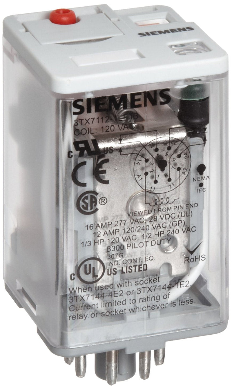 [Australia - AusPower] - Siemens 3TX7112-1LF13 Premium Plug In Relay, Standard Octal Base, Mechanical Flag, Push To Test, Lock Down Door, LED, DPDT Contacts, 16A Contact Rating, 120VAC Coil Voltage 