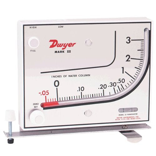 [Australia - AusPower] - Dwyer Liquid Filled Wall Mount Manometer, Mark II 25, 0-3" w.c, 3% Accuracy 0-3"WC, Red oil, 0.826 sp. gr. 