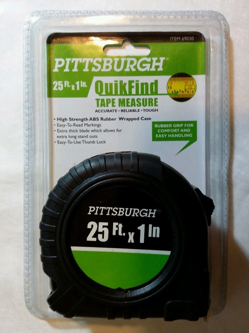 [Australia - AusPower] - Pittsburgh QuikFind Tape Measure ~ 25 Foot by 1 Inch, Easy to Read, High Strength ABS Rubber Wrapped Case (Black with Orange Trim) 