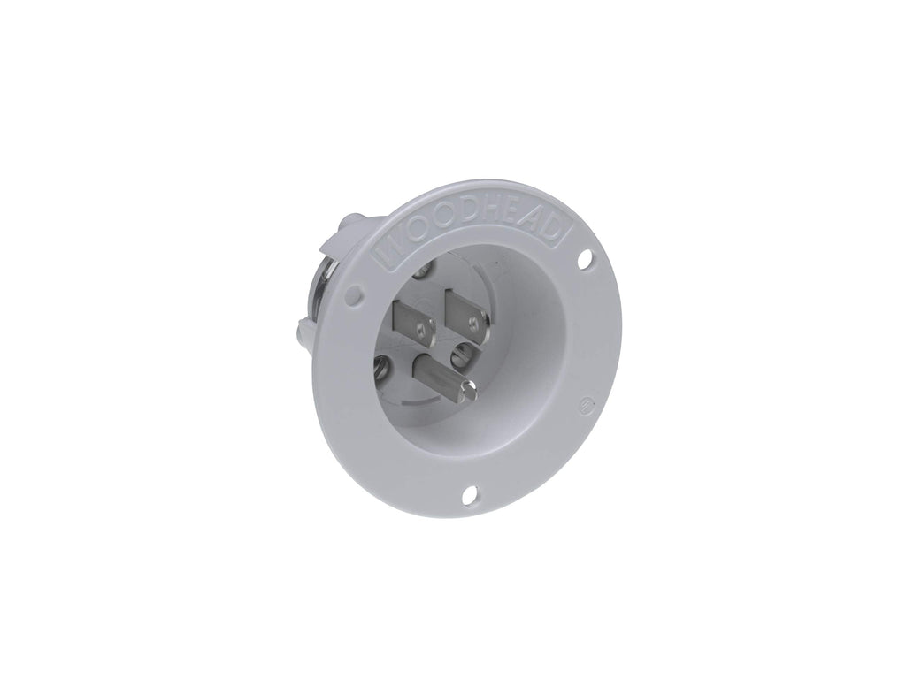 [Australia - AusPower] - Woodhead 1447MB Safeway Single Male Inlet, Industrial Duty, Straight Blade, 2 Poles, 3 Wires, NEMA 5-15 Configuration, Flanged, White, 15A Current, 125V Voltage 