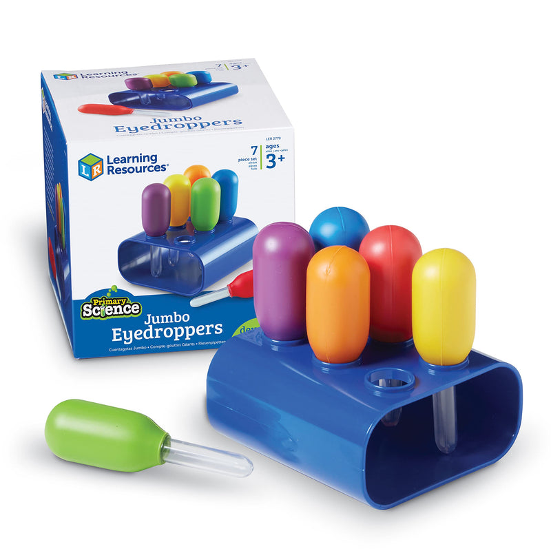 [Australia - AusPower] - Learning Resources Jumbo Colorful Eyedroppers - Set of 6 with Stand, Ages 3+ Science Class Tools, Preschool Science, Sensory Table Accessories, Toddler Science Goggles, Droppers for Kids 