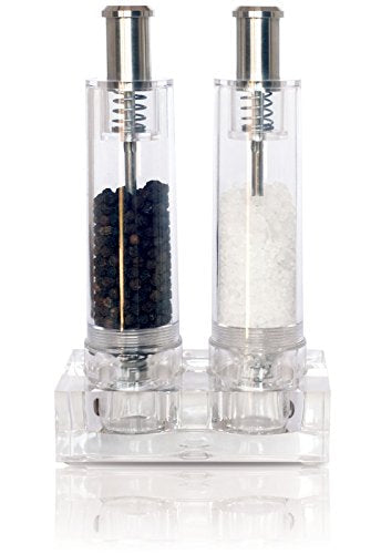 [Australia - AusPower] - Modern Push Button Salt and Pepper Grinder Set, Grind Gourmet Pump and Grind Sea Salt and Pepper Mill Set with Stand, Refillable Grinder 