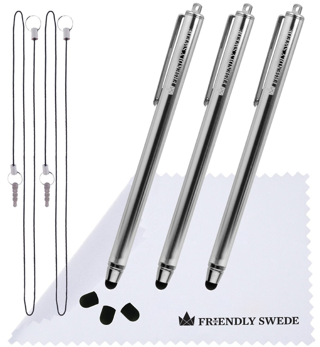 [Australia - AusPower] - High Precision Stylus Pens for Touch Screens - 3pcs 5.5" Stylus Pen with Replaceable Thin-Tip - Universal Capacitive Styli + Replacement Tips, Lanyards + Cleaning Cloth by The Friendly Swede (Silver) Silver 