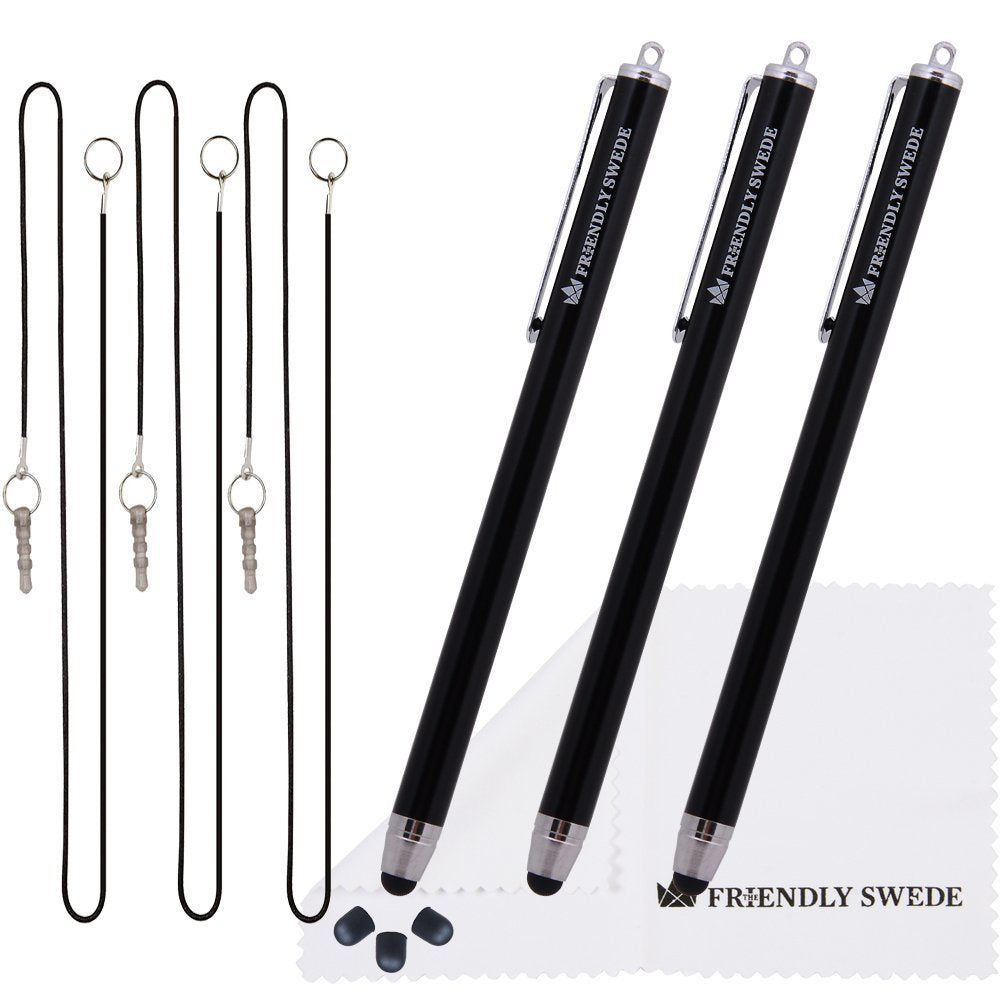 [Australia - AusPower] - High Precision Stylus Pens for Touch Screens - 3pcs 5.5" Stylus Pen with Replaceable Thin-Tip - Universal Capacitive Styli + Replacement Tips, Lanyards + Cleaning Cloth by The Friendly Swede (Black) Black 