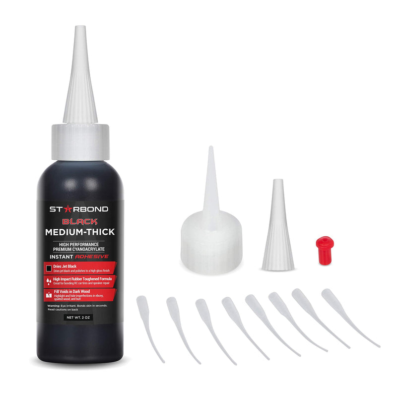 [Australia - AusPower] - Starbond KBL-500 Black Medium Thick, Premium Rubber Toughened CA - Cyanoacrylate Adhesive Super Glue Plus Extra Cap and Microtips (for Woodworking, Filling Knots & Voids, RC Car Tires) (2 Ounce) 