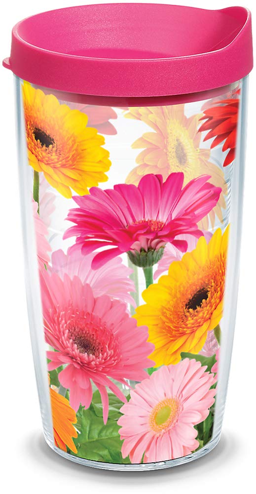 [Australia - AusPower] - Tervis Gerbera Daisies Tumbler with Wrap and Fuchsia Lid 16oz, Clear 