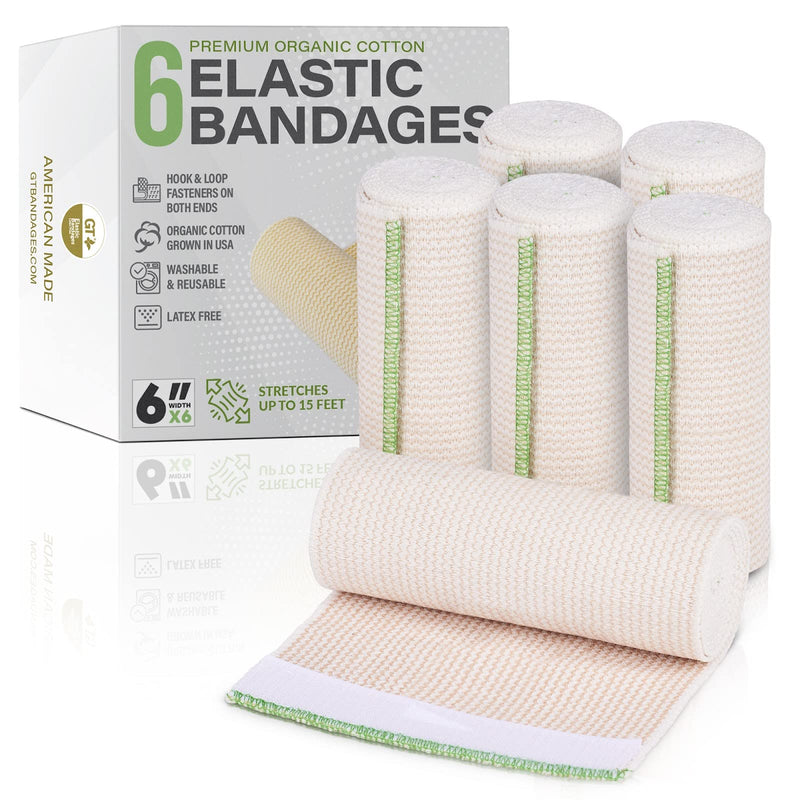 [Australia - AusPower] - GT USA Organic Cotton Elastic Bandage Wrap (6" Wide, 6 Pack) | Hook & Loop Fasteners at Both Ends | Latex Free | Hypoallergenic Compression Roll for Sprains & Injuries 6" Wide 