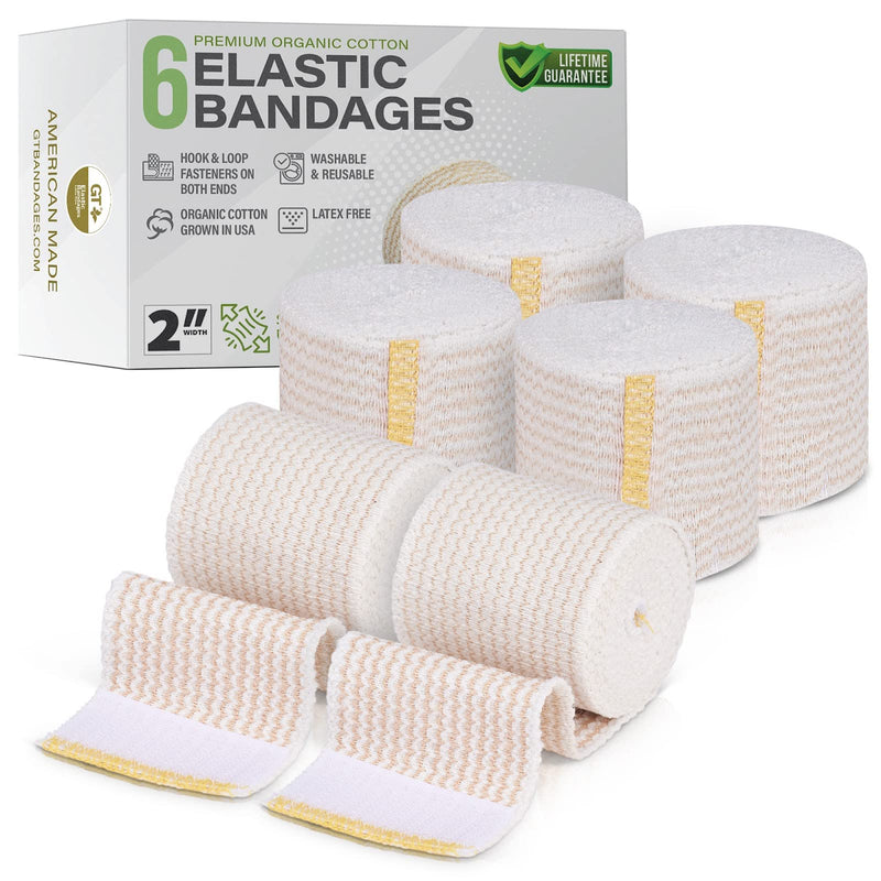 [Australia - AusPower] - GT USA Organic Cotton Elastic Bandage Wrap (2" Wide, 6 Pack) | Hook & Loop Fasteners at Both Ends | Latex Free | Hypoallergenic Compression Roll for Sprains & Injuries 2" Wide 