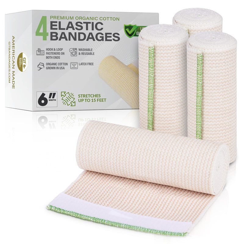 [Australia - AusPower] - GT USA Organic Cotton Elastic Bandage Wrap (6" Wide, 4 Pack) | Hook & Loop Fasteners at Both Ends | Latex Free | Hypoallergenic Compression Roll for Sprains & Injuries 6" Wide 