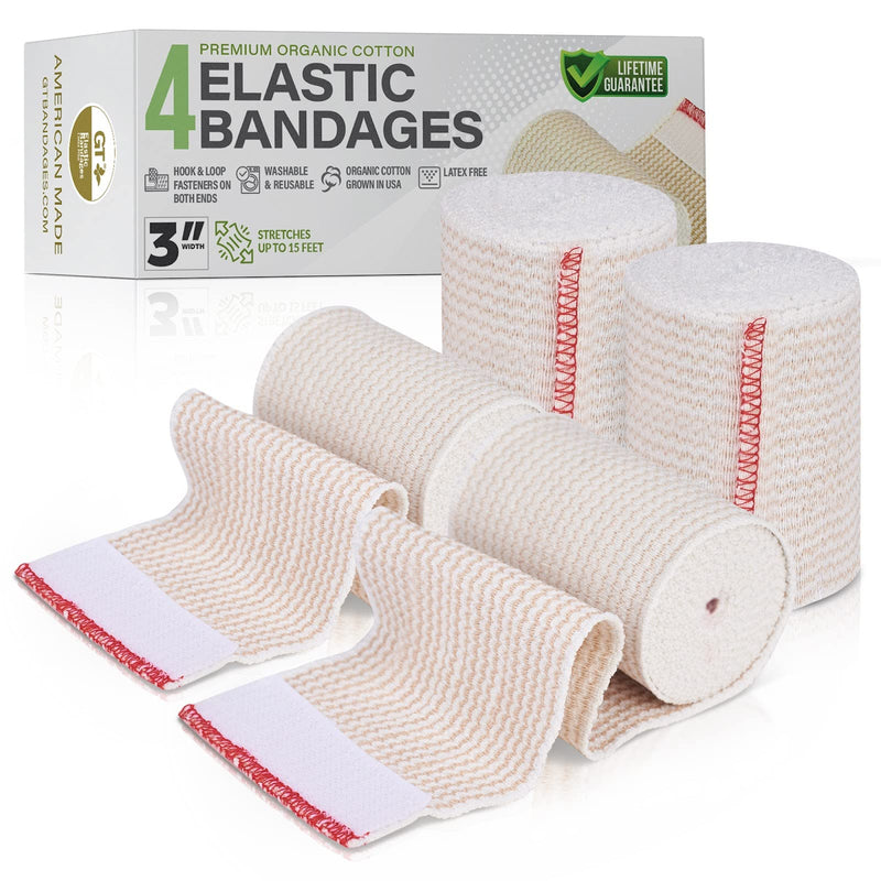 [Australia - AusPower] - Premium Elastic Bandage Wrap made of USA Grown Organic Cotton - Hook & Loop Fasteners at Both Ends - GT Latex Free Hypoallergenic Compression Roll for Sprains & Injuries (3" Wide, 4 Pack) 3" Wide 