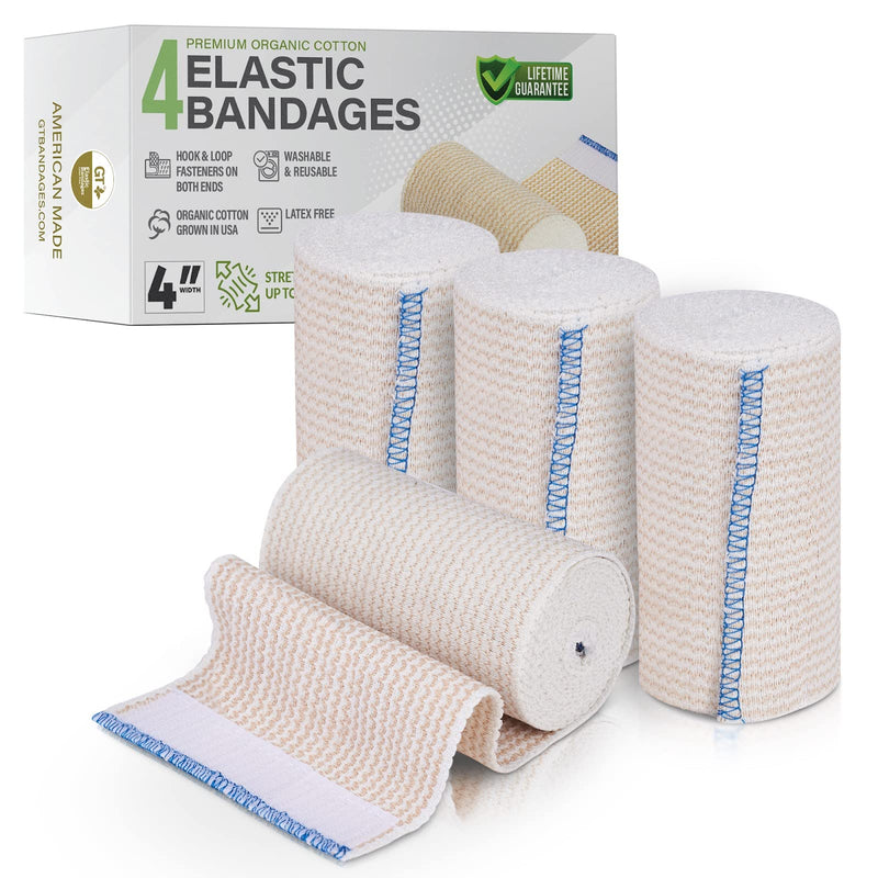 [Australia - AusPower] - Premium Elastic Bandage Wrap made of USA Grown Organic Cotton - Hook & Loop Fasteners at Both Ends - GT Latex Free Hypoallergenic Compression Roll for Sprains & Injuries (4" Wide, 4 Pack) 4" Wide 