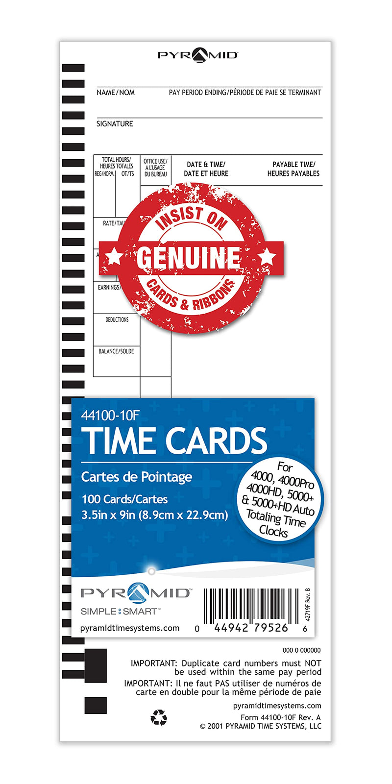 [Australia - AusPower] - Pyramid Time Systems, 44100-10F, Genuine and Authentic English and French Time Cards for Pyramid Models 4000, 4000ProK, 4000HD, 4000Pro, 5000 & 5000HD Clocks, 100 Pack, Time Cards 