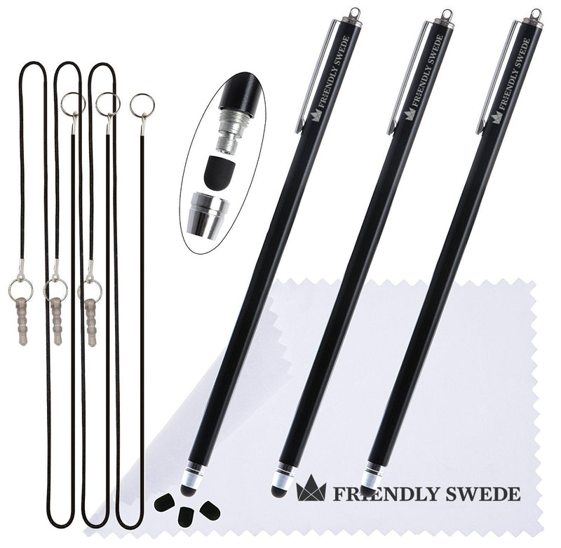 [Australia - AusPower] - Extra Long - Bundle of 3 Thin-Tip High Precision Universal Capacitive Stylus Pens 7.3'' + Extra 3 Replaceable Tips + 2 x 15'' Elastic Tether Lanyards + Cleaning Cloth (Black) Black 